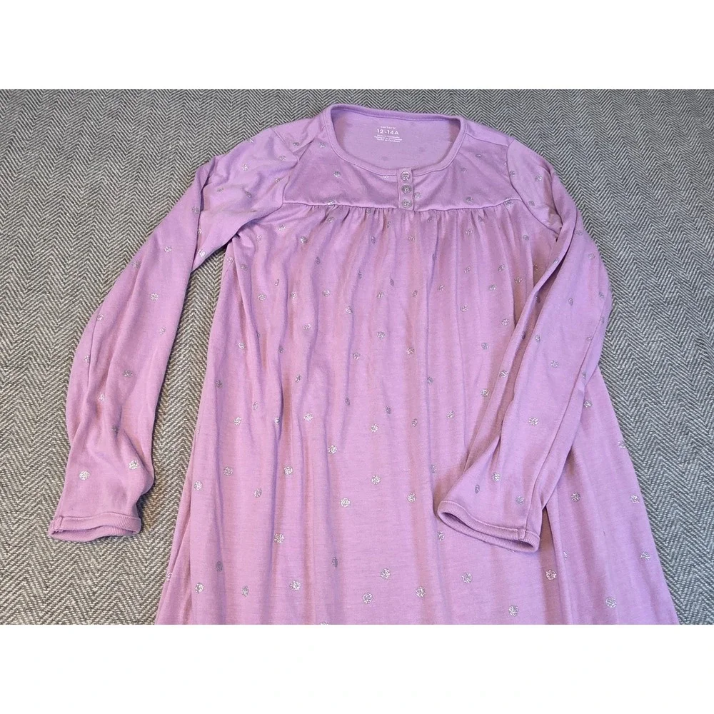 Carters Girls Purple Silver Glitter Polka Dot Long Sleeve Nightgown Size 12-14A
